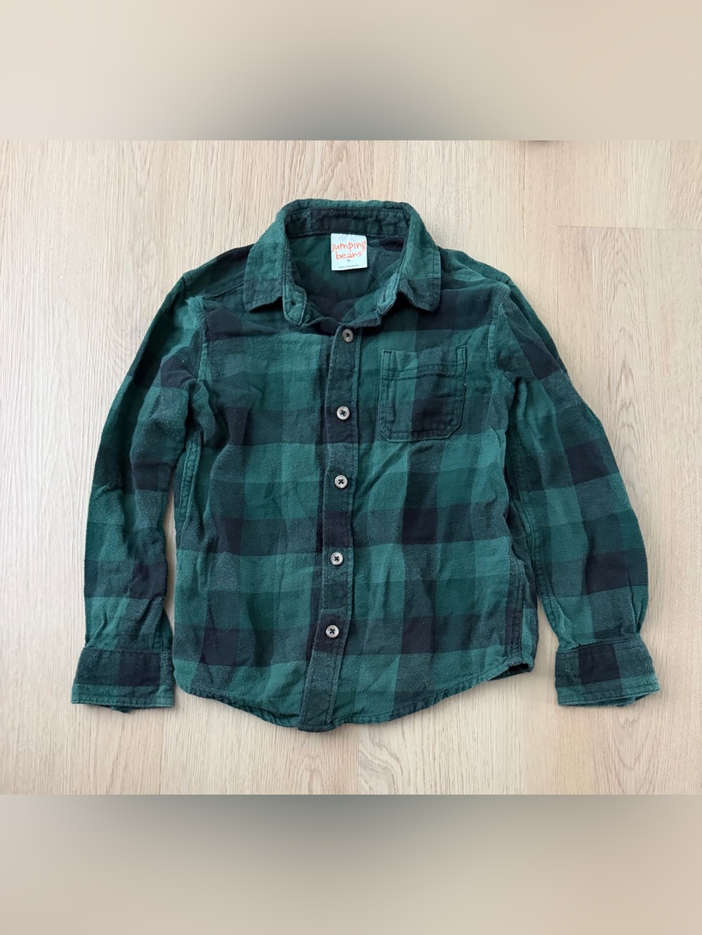 Jumping Beans Long Sleeve Button Up Green Plaid Shirt Kids Size 6